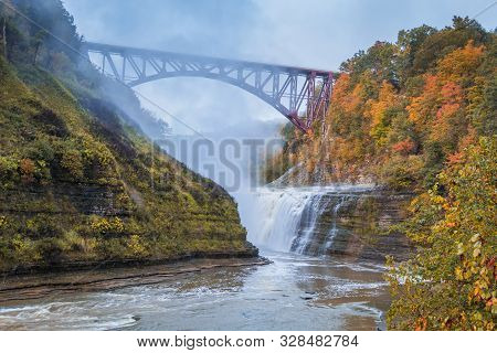 Upper Falls And Railroad Tressle At Sunrise Creates A Majestic Scene At Letchworth State Park, Ny, I