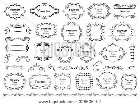 Calligraphic Design Elements . Decorative Swirls Or Scrolls, Vintage Frames , Flourishes, Labels And