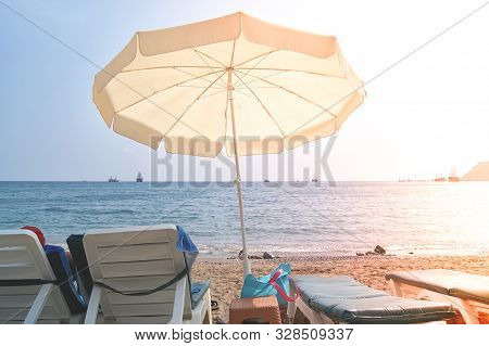 The Seashore On The Kleopatra Beach. Turkey, Alanya. Relaxing Holiday By The Sea.