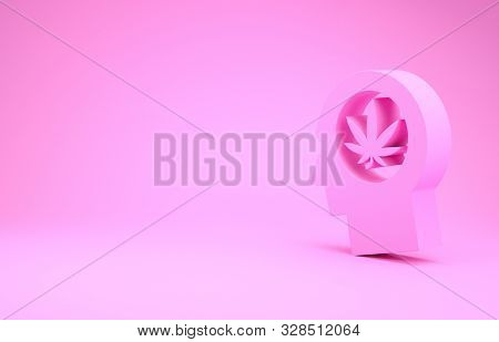 Pink Silhouette Of Male Head In Profile With Marijuana Or Cannabis Leaf Icon Isolated On Pink Backgr