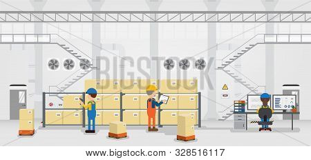 Warehouse In Process With Workers Working Flat Design Vector Illustration
