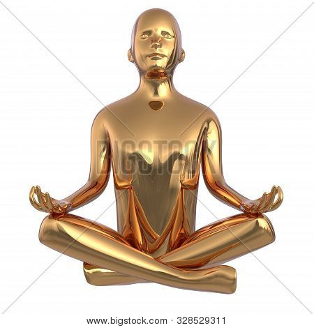 Gold Statue Man Yoga Lotus Position Stylized Iron Figure. Human Mental Recreation Person Metallic. P