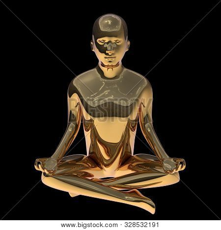 Lotus Pose Golden Yoga Man Stylized Figure Polished Solid. Human Mental Guru Zen Character Gold Stat