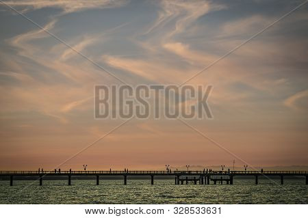 Beautiful Wooden Sea Bridge Seebruecke In Binz On Rugen Island, Germany During Sunset.