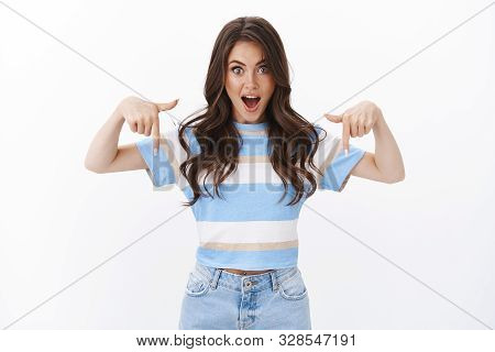 Speechless Impressed Gorgeous Woman Spot Incredible Offer And Tell Girlfriend Exciting News, Pointin