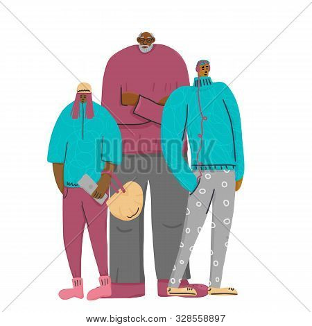 Grandfather And Grandchildren Standing Together Fuul-length. Girl, Boy And Elderly Man Characters Is