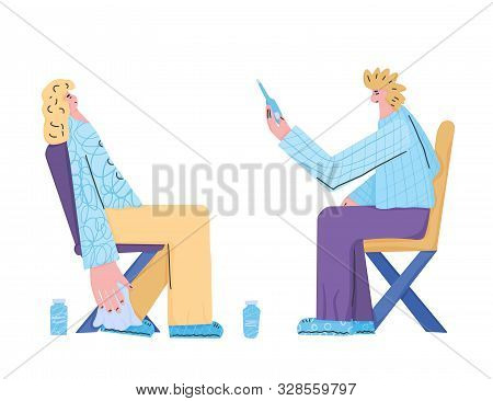 Flu Treatment. Young Female Character Sitting On The Chair With Running Nose And Pills. Vector Flat 
