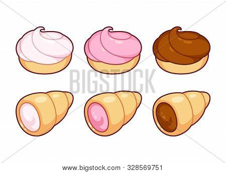 Set Of Choux Bun And Cream Horn Drawings. Traditional Baked Pastry Filled With Vanilla, Strawberry A