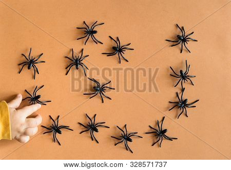 Halloween Background Decoration Holiday Concept. Minimal Flat Lay View Of Black Spide. October