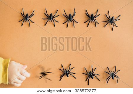 Halloween Background Decoration Holiday Concept. Minimal Flat Lay View Of Black Spide. October