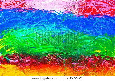 Photograph Of An Abstract Pattern. Colored Stripes And Waves. Drawn In Gouache
