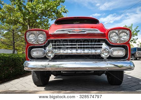 Westlake, Texas - October 20, 2018: Front View Of A Red Vintage Chevrolet Apache 31 Fleetside Pickup