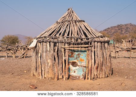 Simple, Traditional, Wooden Hut Of The Himba Tribe In The Kaokoveld, Namibia