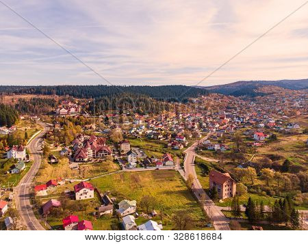 Aerial Drone View Of Skhidnytsia Popular Healing Spa Resort In Carpathians. Balneological Resort Wit