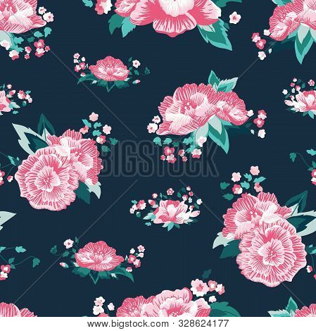 Vector Beautiful Folk Roses On Dark Green Seamless Pattern Background.