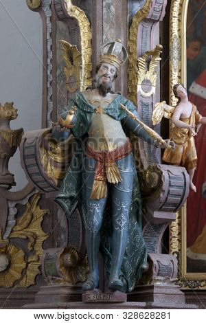 KLOSTAR IVANIC, CROATIA - SEPTEMBER 25, 2011: Saint Stephen of Hungary, statue on the altar of the Holy Three Kings in the Church of the Assumption of the Virgin Mary in Klostar Ivanic, Croatia