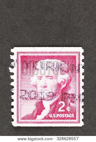 Seattle Washington - October 5, 2019: Usa Coil Postage Stamp With Former President Thomas Jefferson 