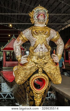 Bangkok City, Thailand - March 17, 2019: Royal Barge National Museum. Prow With Figurehead Of Royal 