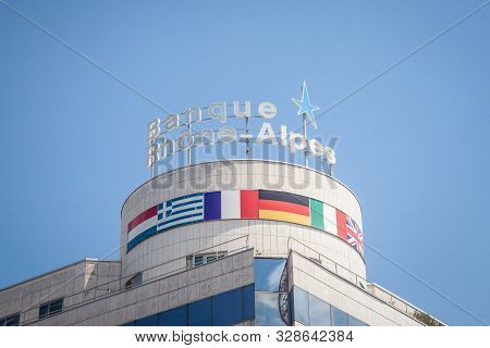 Lyon, France - July 15, 2019: Banque Rhone Alpes Logo On Their Main Office In Lyon. Banque Rhone Alp