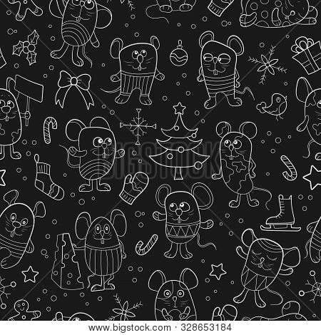 Seamless Illustration For New Year Holidays, Cartoon Funny Mice And Snowflakes Light Contour On A Da