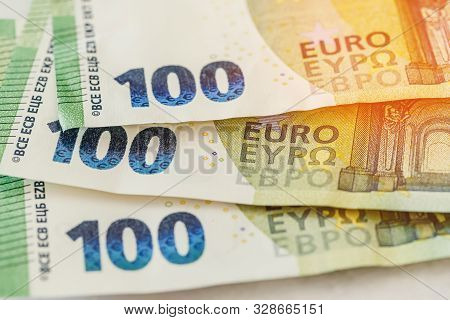 Three Hundredth Euro Banknotes Macro Closeup. Money Or Business Concept. Abstract Conceptual Image