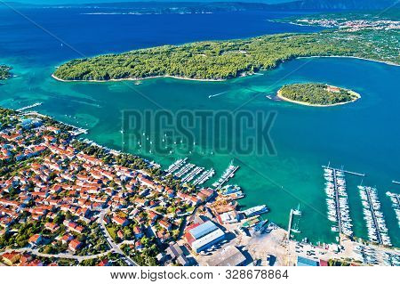 Punat. Town Of Punat And Monastery Island Of Kosljun Aerial View, Island Of Krk, Kvarner Bay Of Croa