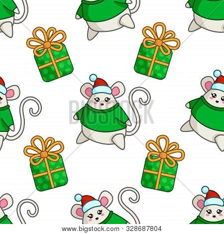 Christmas Seamless Pattern With Kawaii Fat Mouse - Sumbol Of 2020 - And Gift Box With Golden Ribbon 