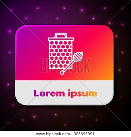 White Line Honeycomb With Honey Dipper Stickicon Isolated On Black Background. Honey Ladle. Honey Ce
