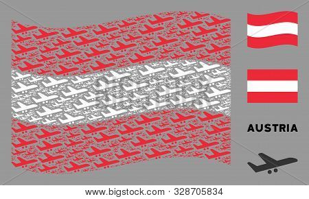 Waving Austria State Flag. Vector Aiplane Design Elements Are United Into Geometric Austria Flag Col