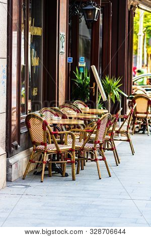 Empty Tables At Local Restaurant On Victoriei Way (calea Victoriei) In Bucharest, Romania, 2019