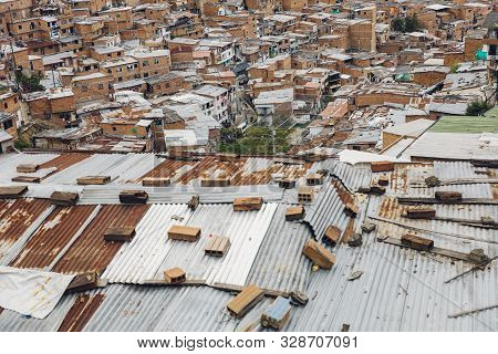 Over View At Houses On The Hills Of Comuna 13 In Medellin, Columbia