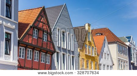 Panorama Of Colorful Facades Of Houses In Flensburg, Germany