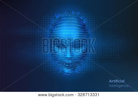 Artificial Intelligence Or Robot Digital Face. Ai Or Cyber, Human Head. Virtual Computer Technology 