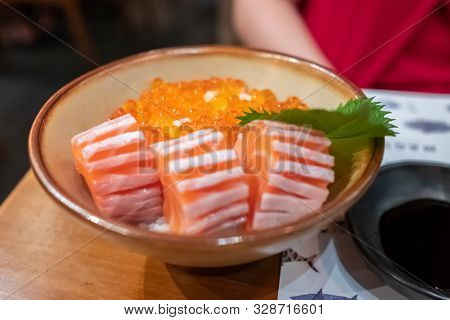 Close Up Of Salmon Don On The Table, Fresh Sashimi, Raw Salmon, Salmon Roe.