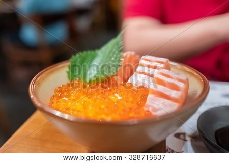 Close Up Of Salmon Don On The Table, Fresh Sashimi, Raw Salmon, Salmon Roe.