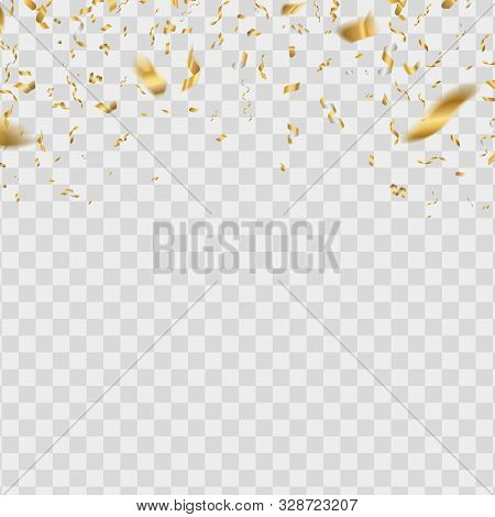 Gold Shiny Confetti. Golden Falling Glitter Serpentine. Realistic Yellow Decoration Vector Effect On