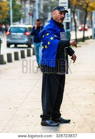 Old Man Protesting In Front Of The Bucharest City Hall In Bucharest, Romania, 2019
