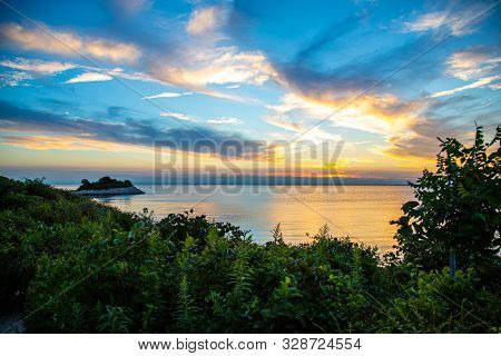 Sunset View From The Knob Mountain In Falmouth On Cape Cod, Massachusetts, Usa