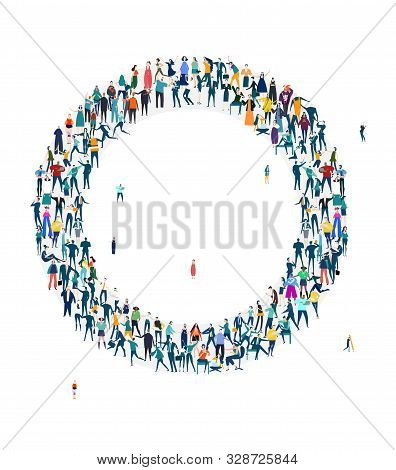 Alphabet, Typeface, Letter O. Large Group Of Business People, Workers, Family Members And Students O