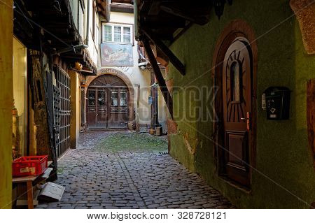 Riquewihr, France, October 13, 2019 : Old Streets Of The Medieval Village. Popular Tourist Attractio