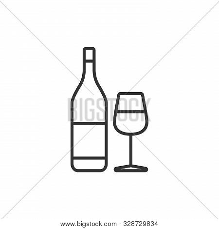 Wine Bottle With Wine Glasses Outline Icon, Modern Minimal Flat Design Style, Stock Vector Illustrat