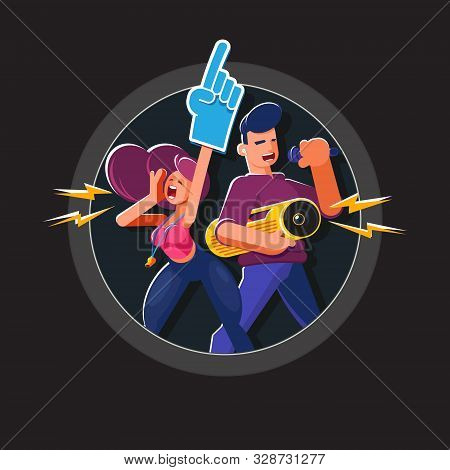 Advertising Sticker With Characters In A Round Frame. Animators With Professional Tools In A Natural