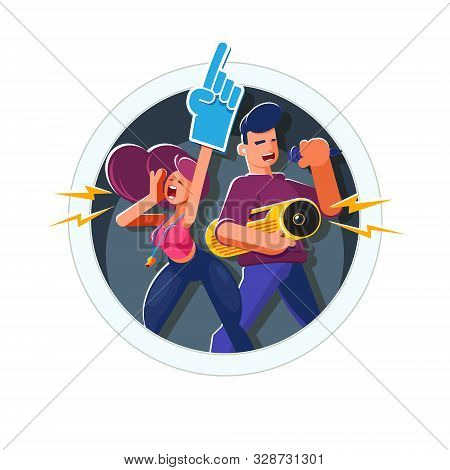 Advertising Sticker With Characters In A Round Frame. Animators With Professional Tools In A Natural