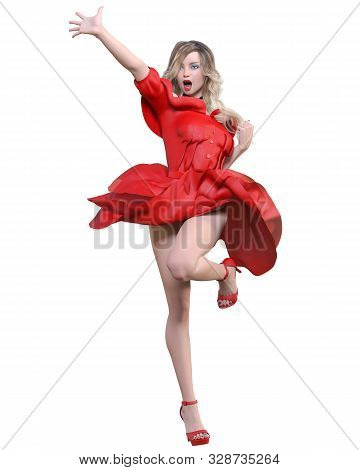 Beautiful Blonde Woman Light Summer Waving Dress.bright Makeup.pin Up Girl.skirt Up Wind.woman Studi