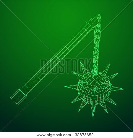 Medieval Chained Mace Ball. Wireframe Low Poly Mesh Vector Illustration.