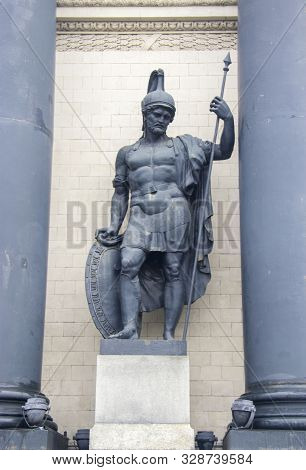 Statue Of Warrior Near Triumphal Arch On Kutuzovsky Avenue In Moscow Russian Federation 01 November 