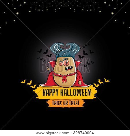 Vector Funny Cartoon Cute Dracula Potato With Fangs And Red Cape Isolated On Dark Background. My Nam