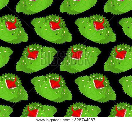 Сabbage Monster Pattern Seamless. Angry Vegetable With Teeth Background. Hungry Alien Food. Vector T