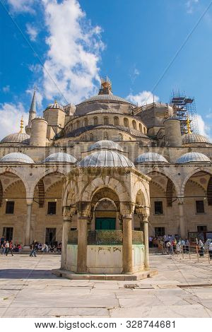 Istanbul, Turkey - September 5th 2019. Visitors Outside The Historic 17th Century Sultan Ahmet Mosqu