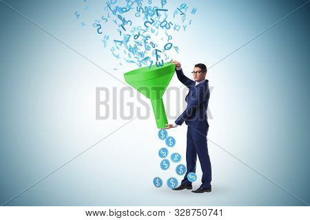 Data monetization concept with funnel and businessman
